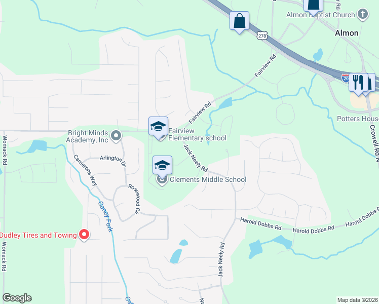 map of restaurants, bars, coffee shops, grocery stores, and more near 78 Jack Neely Road in Covington