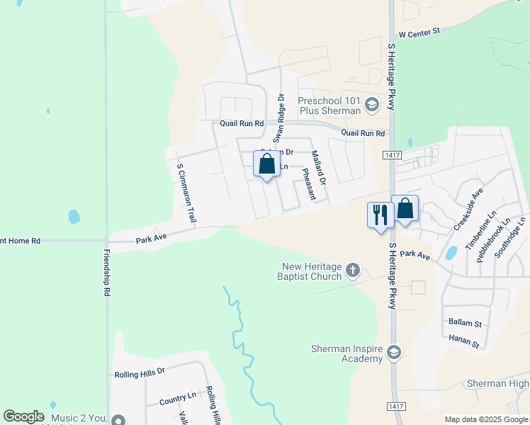 map of restaurants, bars, coffee shops, grocery stores, and more near 1440 Teal in Sherman