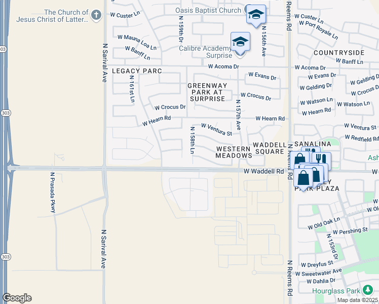 map of restaurants, bars, coffee shops, grocery stores, and more near 13879 North 159th Drive in Surprise