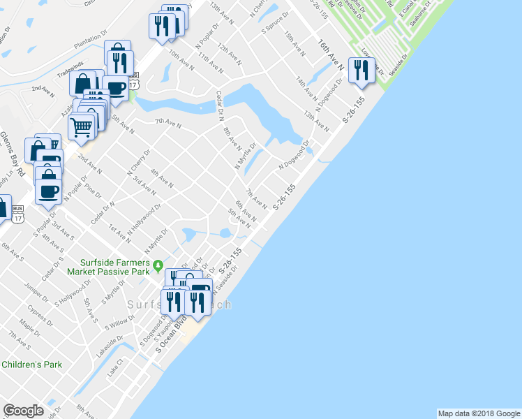 map of restaurants, bars, coffee shops, grocery stores, and more near 113 7th Avenue North in Myrtle Beach