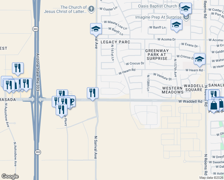 map of restaurants, bars, coffee shops, grocery stores, and more near 16148 West Boca Raton Road in Surprise