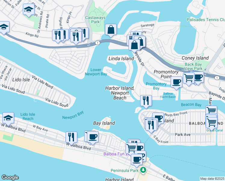 map of restaurants, bars, coffee shops, grocery stores, and more near 20 Harbor Island Road in Newport Beach