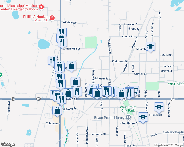 map of restaurants, bars, coffee shops, grocery stores, and more near 400-434 Stonewall Street in West Point