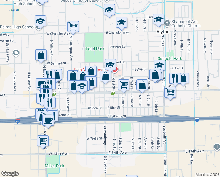 map of restaurants, bars, coffee shops, grocery stores, and more near 127 East Hobsonway in Blythe