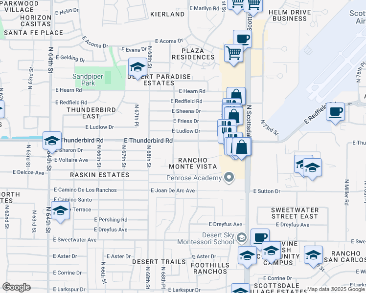 map of restaurants, bars, coffee shops, grocery stores, and more near 6912 East Voltaire Avenue in Scottsdale