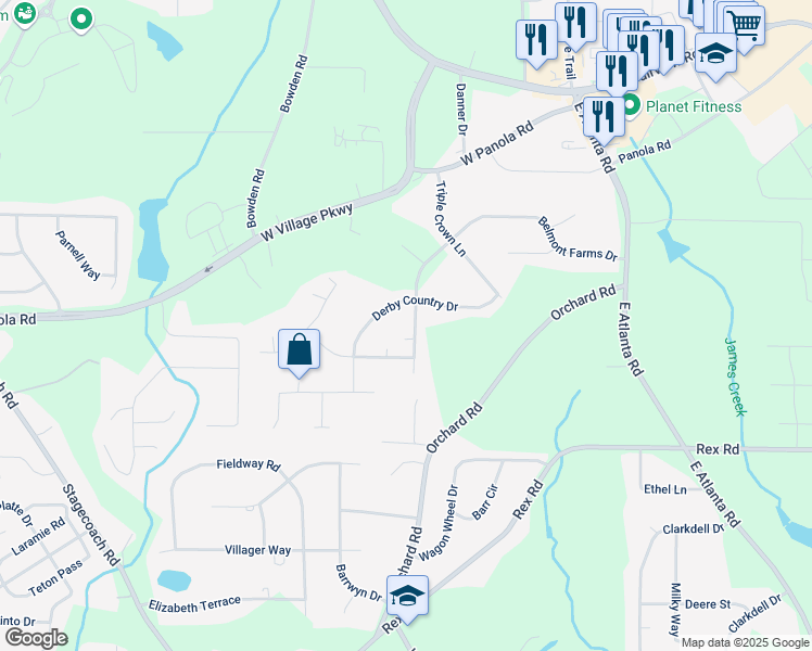 map of restaurants, bars, coffee shops, grocery stores, and more near 280 Belmont Farms Drive in Ellenwood