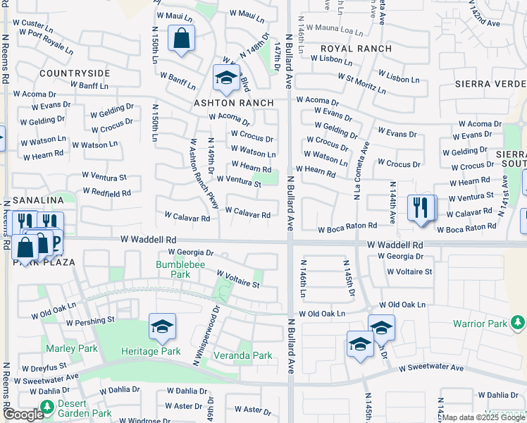 map of restaurants, bars, coffee shops, grocery stores, and more near 14738 West Calavar Road in Surprise