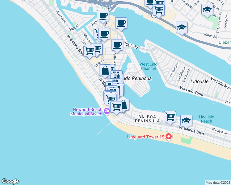 map of restaurants, bars, coffee shops, grocery stores, and more near 2280 Newport Boulevard in Newport Beach