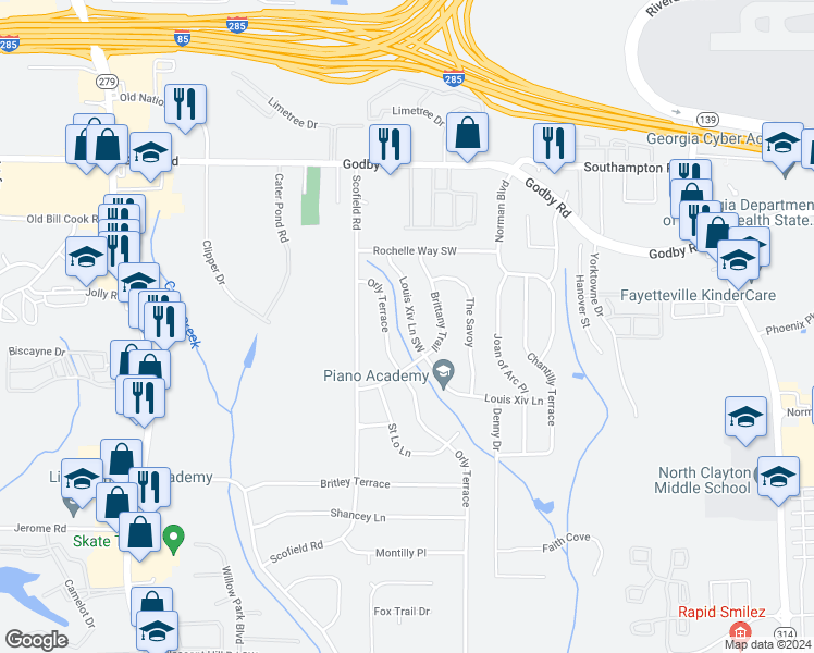 map of restaurants, bars, coffee shops, grocery stores, and more near 5301 Louis Xiv Lane Southwest in Atlanta