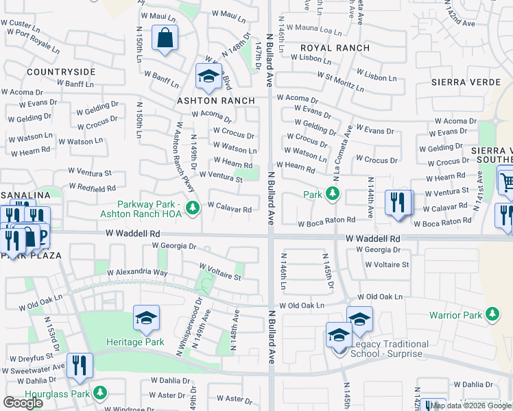 map of restaurants, bars, coffee shops, grocery stores, and more near 13901 North 147th Drive in Surprise