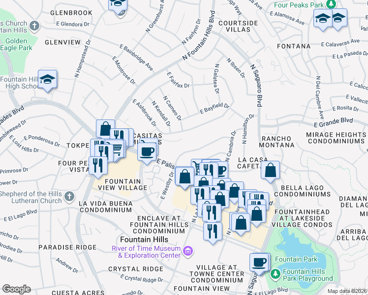 map of restaurants, bars, coffee shops, grocery stores, and more near 16651 East Westby Drive in Fountain Hills