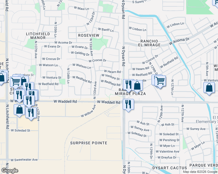 map of restaurants, bars, coffee shops, grocery stores, and more near 13203 West Calavar Road in Surprise