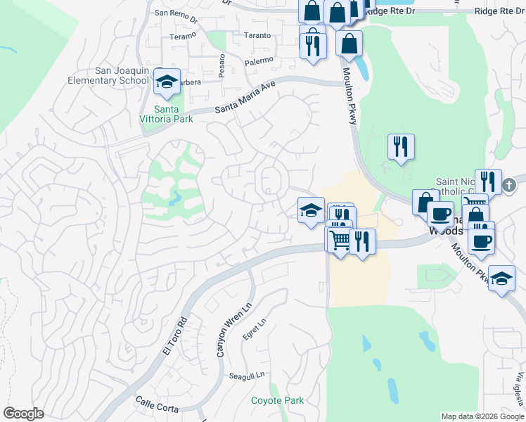 map of restaurants, bars, coffee shops, grocery stores, and more near 3186 Via Buena Vista Road in Laguna Woods