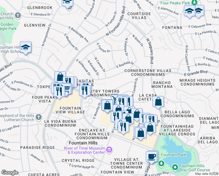 map of restaurants, bars, coffee shops, grocery stores, and more near 16651 East Westby Drive in Fountain Hills