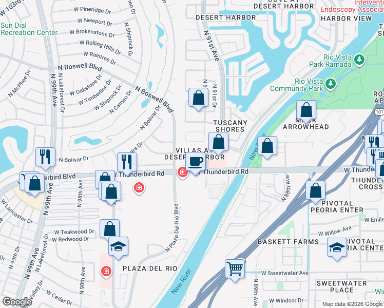 map of restaurants, bars, coffee shops, grocery stores, and more near in Peoria