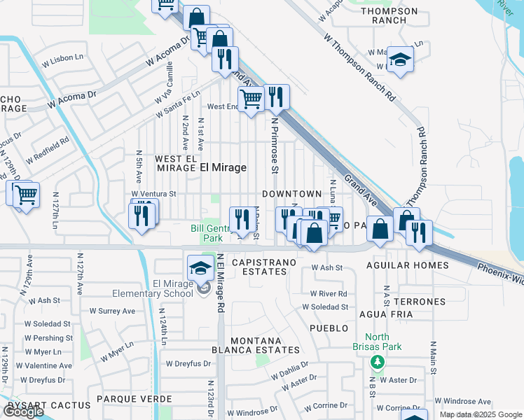 map of restaurants, bars, coffee shops, grocery stores, and more near 13910 North Primrose Street in El Mirage