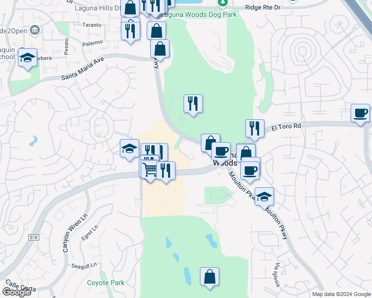 map of restaurants, bars, coffee shops, grocery stores, and more near in Laguna Woods