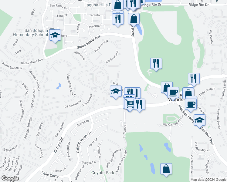 map of restaurants, bars, coffee shops, grocery stores, and more near 3005 Via Buena Vista Road in Laguna Woods