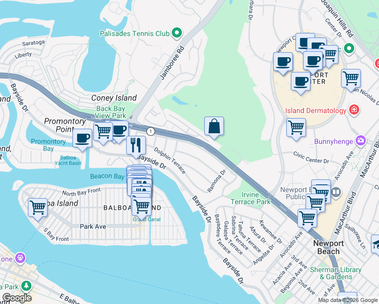 map of restaurants, bars, coffee shops, grocery stores, and more near 1412 Santanella Terrace in Newport Beach