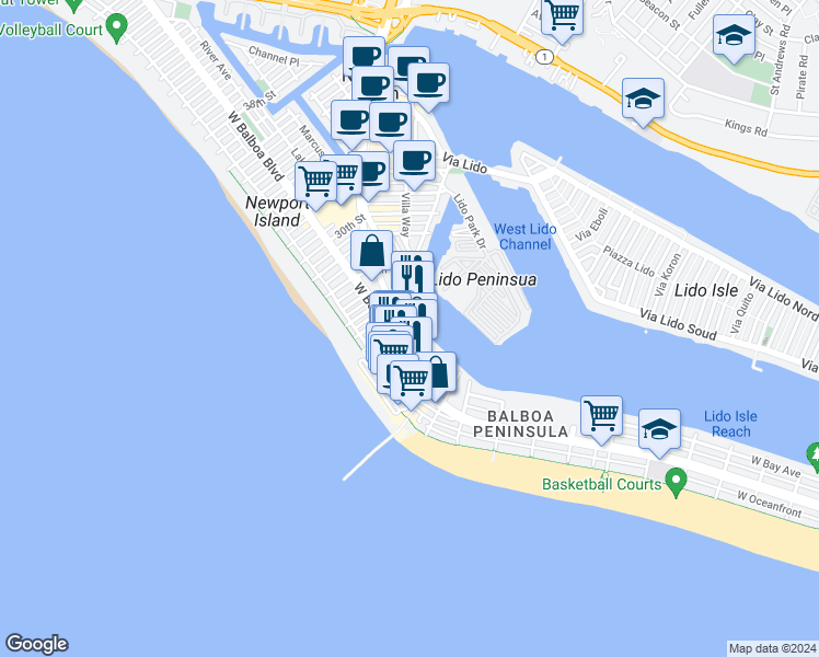 map of restaurants, bars, coffee shops, grocery stores, and more near 2250 Newport Boulevard in Newport Beach
