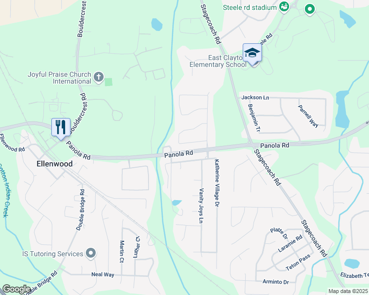 map of restaurants, bars, coffee shops, grocery stores, and more near 3505 Saddle Creek Lane in Ellenwood