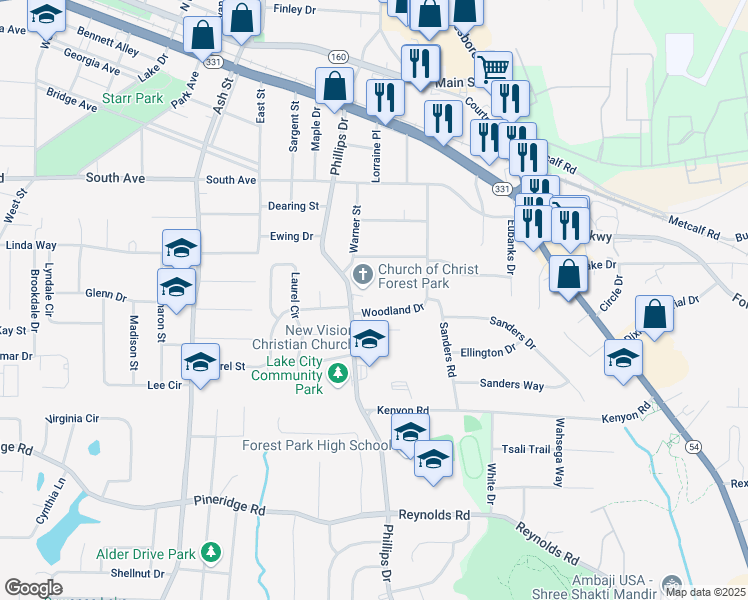 map of restaurants, bars, coffee shops, grocery stores, and more near 5295 Woodland Drive in Lake City