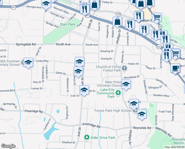 map of restaurants, bars, coffee shops, grocery stores, and more near 866 White Oak Drive in Forest Park