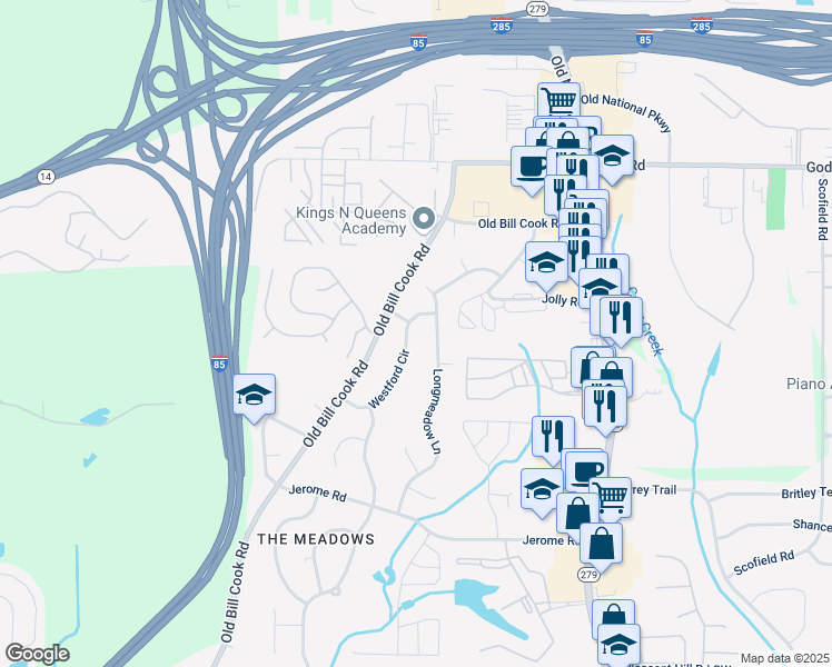 map of restaurants, bars, coffee shops, grocery stores, and more near 5312 Westford Circle in Atlanta