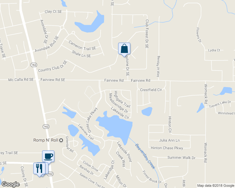 map of restaurants, bars, coffee shops, grocery stores, and more near 45 Highgate Trail in Covington