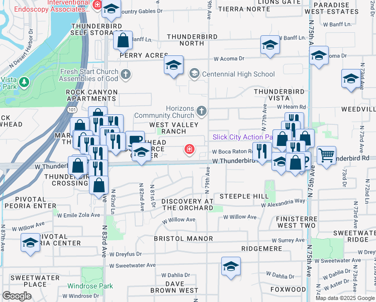 map of restaurants, bars, coffee shops, grocery stores, and more near 7972 West Thunderbird Road in Peoria