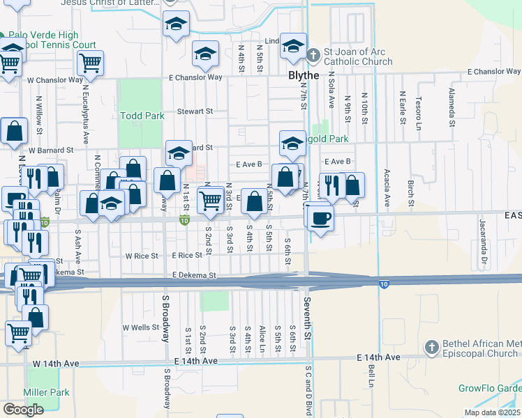 map of restaurants, bars, coffee shops, grocery stores, and more near 502 East Hobsonway in Blythe