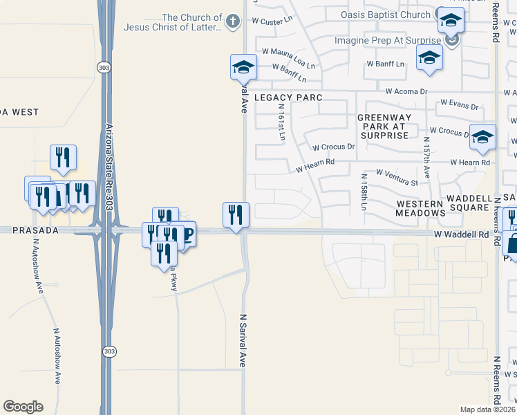map of restaurants, bars, coffee shops, grocery stores, and more near 16253 West Calavar Road in Surprise