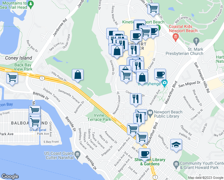 map of restaurants, bars, coffee shops, grocery stores, and more near 1150 Granville Drive in Newport Beach