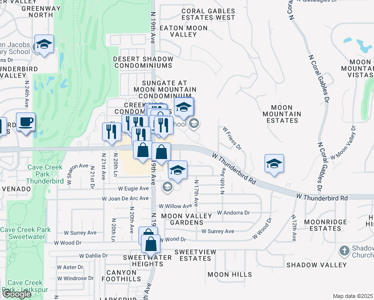 map of restaurants, bars, coffee shops, grocery stores, and more near 3421 West Thunderbird Road in Phoenix