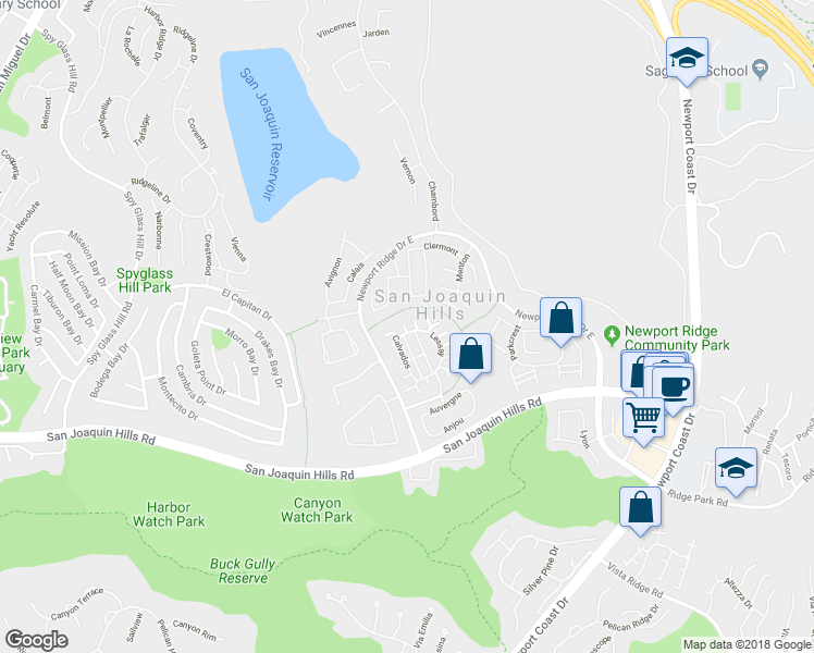 map of restaurants, bars, coffee shops, grocery stores, and more near 18 Lessay in Newport Beach