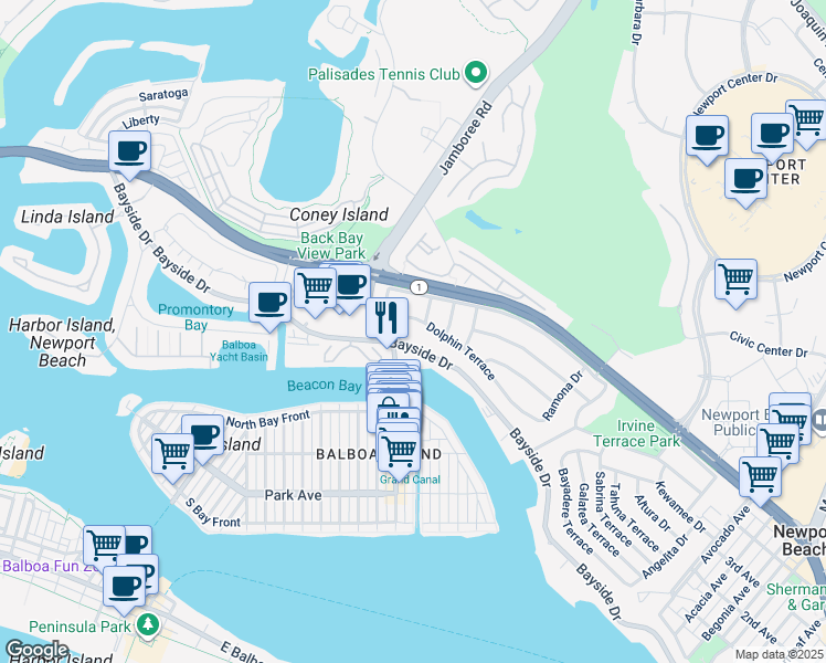 map of restaurants, bars, coffee shops, grocery stores, and more near 1119 Dolphin Terrace in Newport Beach