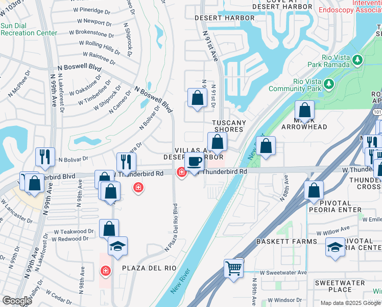 map of restaurants, bars, coffee shops, grocery stores, and more near 13857 North 91st Drive in Peoria