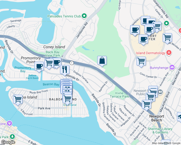 map of restaurants, bars, coffee shops, grocery stores, and more near 1330 Santanella Terrace in Newport Beach