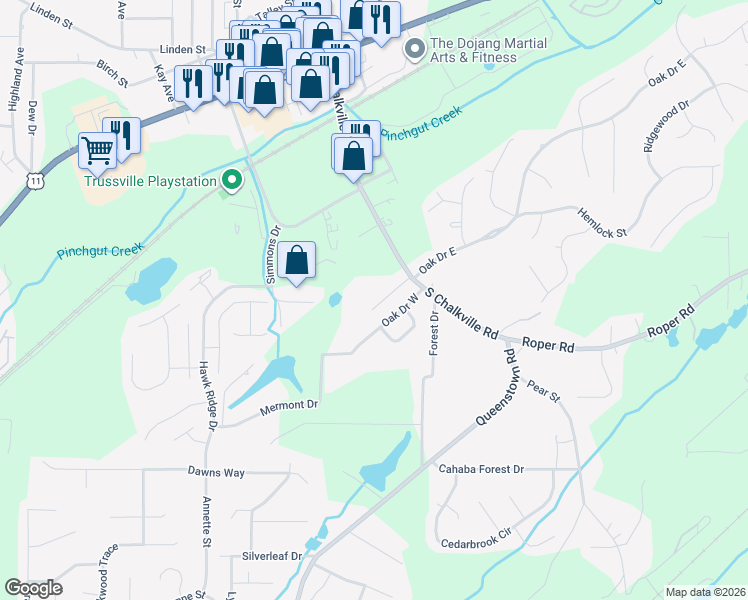 map of restaurants, bars, coffee shops, grocery stores, and more near 6487 South Chalkville Road in Trussville