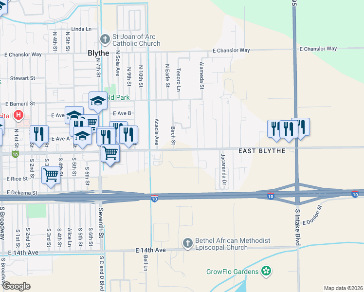 map of restaurants, bars, coffee shops, grocery stores, and more near 1367 East Hobsonway in Blythe
