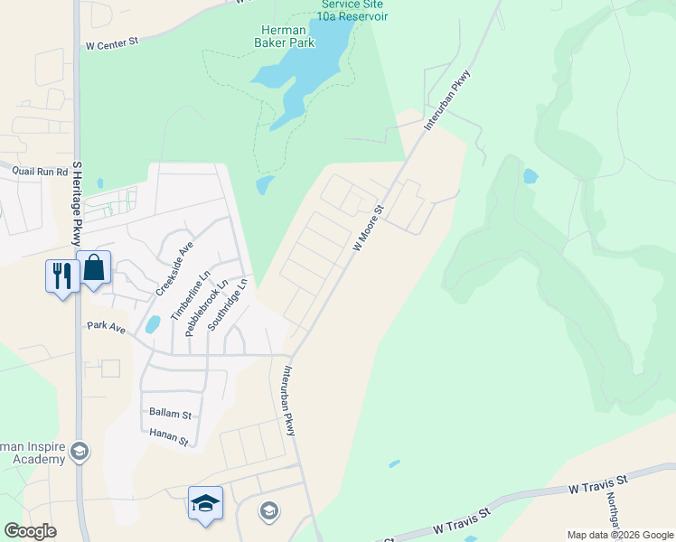 map of restaurants, bars, coffee shops, grocery stores, and more near 2105 West Moore Street in Sherman