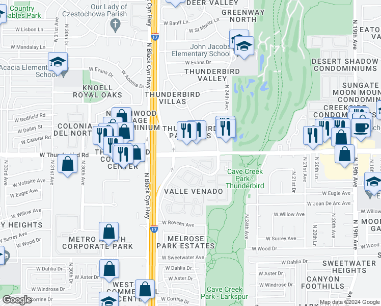 map of restaurants, bars, coffee shops, grocery stores, and more near West Thunderbird Road in Phoenix
