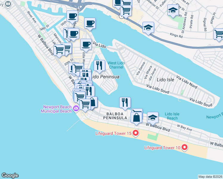 map of restaurants, bars, coffee shops, grocery stores, and more near 2 58th Street in Newport Beach