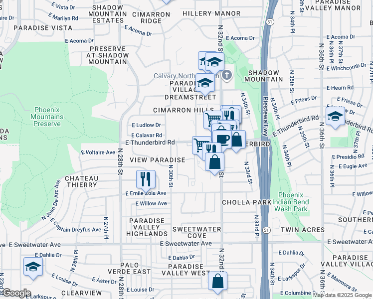 map of restaurants, bars, coffee shops, grocery stores, and more near 3033 East Thunderbird Road in Phoenix
