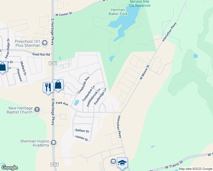 map of restaurants, bars, coffee shops, grocery stores, and more near 1605 Southridge Lane in Sherman