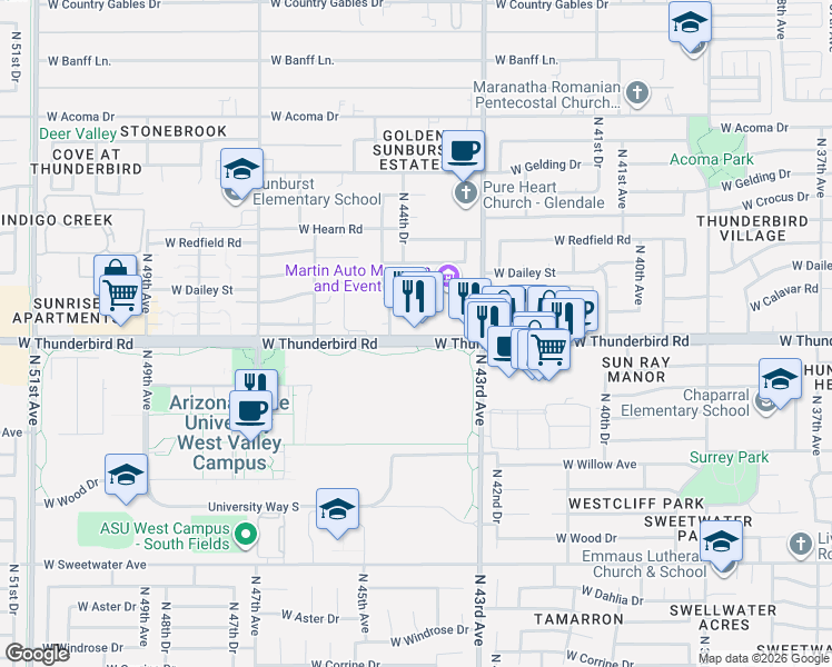 map of restaurants, bars, coffee shops, grocery stores, and more near 4324 West Thunderbird Road in Glendale