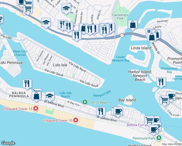 map of restaurants, bars, coffee shops, grocery stores, and more near 816 Via Lido Nord in Newport Beach