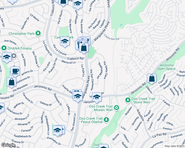 map of restaurants, bars, coffee shops, grocery stores, and more near 24236 Via San Clemente in Mission Viejo