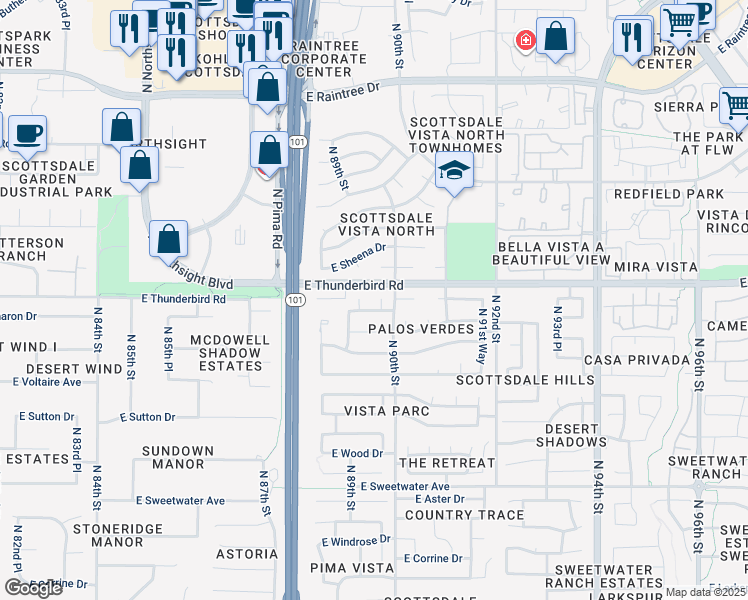 map of restaurants, bars, coffee shops, grocery stores, and more near 13748 North 89th Way in Scottsdale
