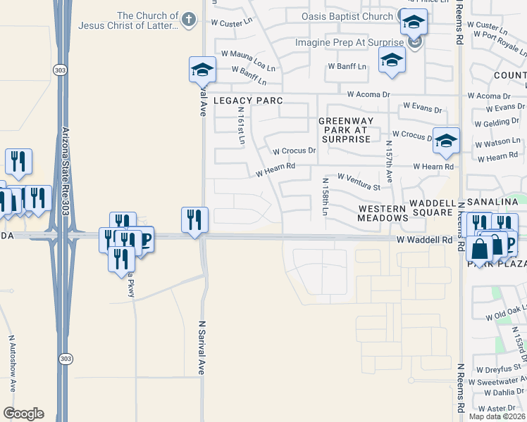 map of restaurants, bars, coffee shops, grocery stores, and more near 16092 West Calavar Road in Surprise